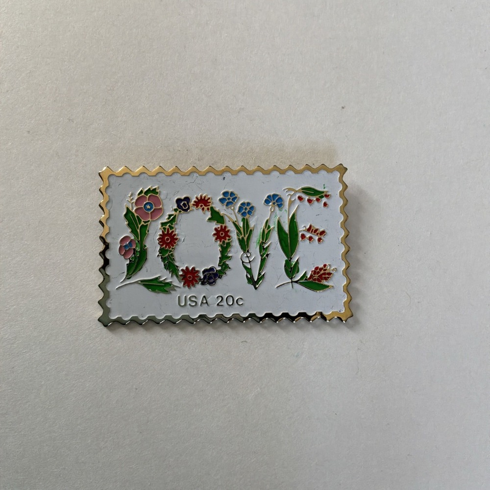 USPS Postage Stamp Lapel Pin LOVE 20 Cent Floral Stamp Brooch Pinback Jayne Co